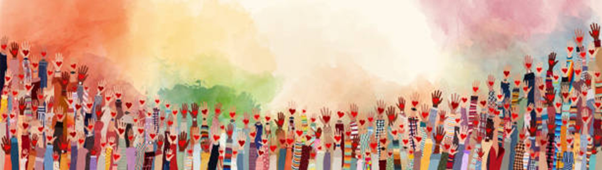 Illustration of diverse raised hands with red hearts on the palms against a colorful watercolor background, symbolizing unity and community support.